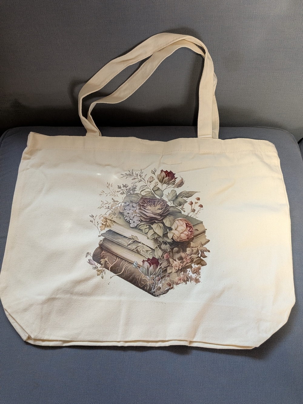Canvas Tote Bag with Floral Book Print - Cream
